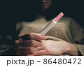 A woman sees a positive pregnancy test result. 86480472