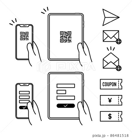 スマートフォンやタブレットでユーザー・参加登録して招待・紹介、クーポン発行取得のアイコンのセット 86481518