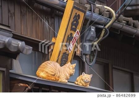 東京 谷中 谷根千の招き猫谷中堂の屋根に立つリアルな二匹の木彫り猫 の写真素材