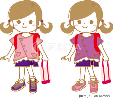 女の子 通学 入学 登校 双子のイラスト素材