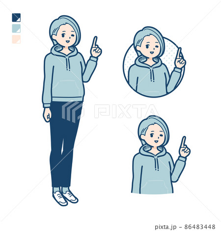 パーカーを着た若い女性が指差ししているイラスト パーカーを着た若い女性が指差ししているイラスト 86483448