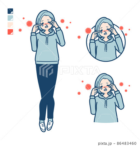 パーカーを着た若い女性が花粉アレルギーに苦しんでいるイラスト 86483460