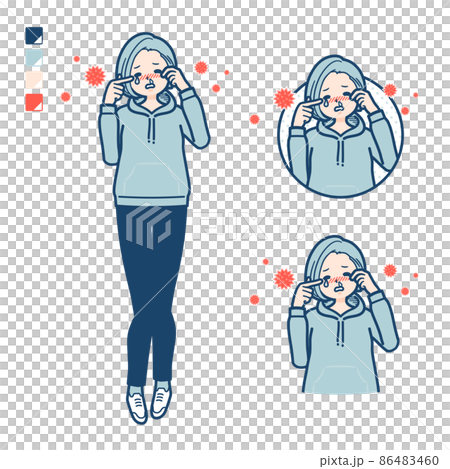 パーカーを着た若い女性が花粉アレルギーに苦しんでいるイラスト 86483460