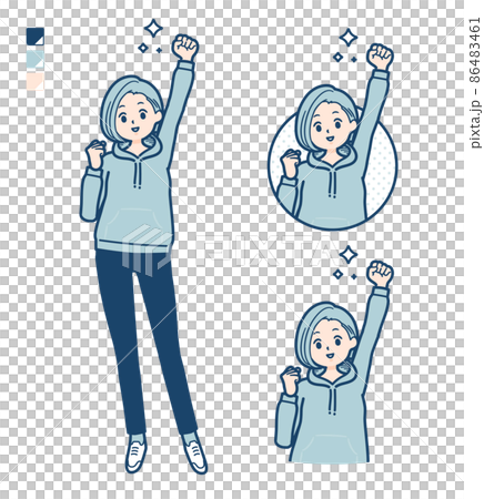 パーカーを着た若い女性がガッツポーズをしているイラストのイラスト素材