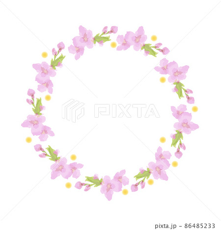 手描き水彩調で桜とミモザの花輪のイラスト素材のイラスト素材