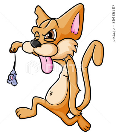 The crazy and naughty cat is holding the small mouse  86486587