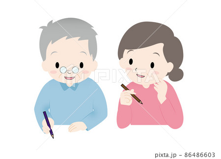 高齢者のおじいさん、おばあさん二人が机上で塗り絵、絵を描いている、終活 86486603