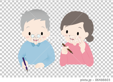 高齢者のおじいさん、おばあさん二人が机上で塗り絵、絵を描いている、終活 86486603