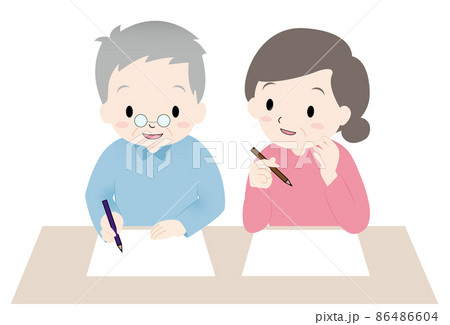 高齢者のおじいさん、おばあさん二人がレクリエーションで絵を描いている、終活、サイン、文字を書く 高齢者のおじいさん、おばあさん二人がレクリエーションで絵を描いている、終活、サイン、文字を書く 86486604