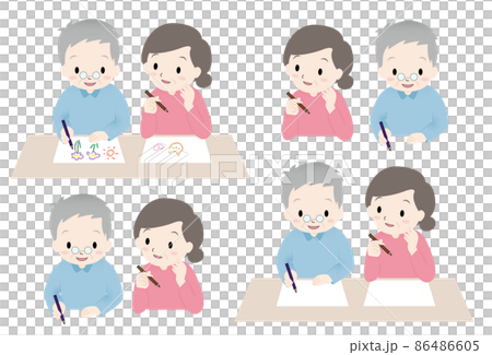 高齢者のおじいさん、おばあさん二人がレクリエーションで塗り絵、絵を描いている、終活、文字を書く 86486605