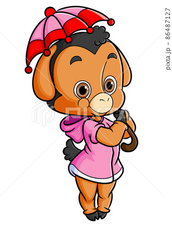 The cute girly sheep is wearing a dress and holding the umbrella 86487127