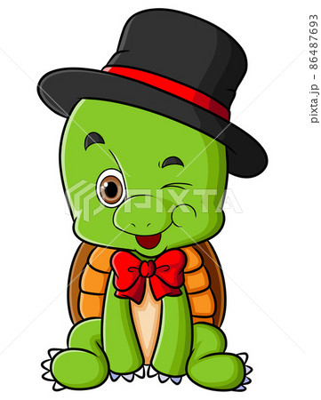 The sweet turtle is sitting and wearing the black hat  86487693