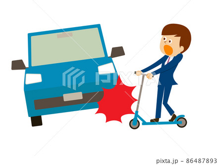 キックボードに乗ったビジネスマンと自動車の衝突事故 86487893