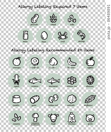 手描きのかわいい食物アレルギー誘発物質　原材料アイコンイラスト 86489891
