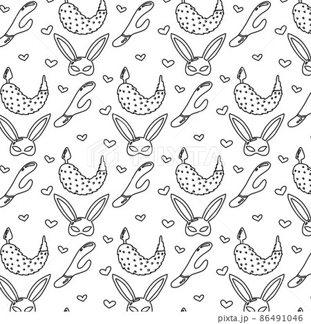 Vector seamless pattern with vibrator and mask. Pattern with sex toys. Doodle style. 86491046