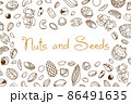 Vector frame, packaging design of nut and seed mix or snack. Walnut, peanut and sunflower seeds. Almond, pistachio, cashew, hazelnut and macadamia. Illustration in line art style 86491635