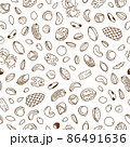 Vector seamless pattern, packaging design of nut and seed mix or snack. Walnut, peanut and sunflower seeds. Almond, pistachio, cashew, hazelnut and macadamia. Illustration in line art style 86491636