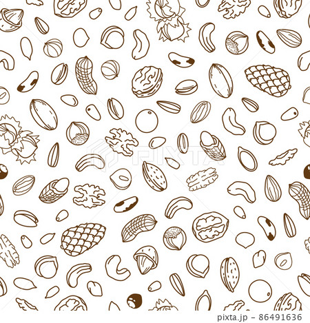 Vector seamless pattern, packaging design of nut and seed mix or snack. Walnut, peanut and sunflower seeds. Almond, pistachio, cashew, hazelnut and macadamia. Illustration in line art style 86491636