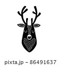 Deer head silhouette. Stylized drawing reindeer in simple scandi style. Nursery scandinavian art. Black and white vector illustration 86491637