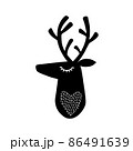 Deer head silhouette. Stylized drawing reindeer in simple scandi style. Nursery scandinavian art. Black and white vector illustration 86491639
