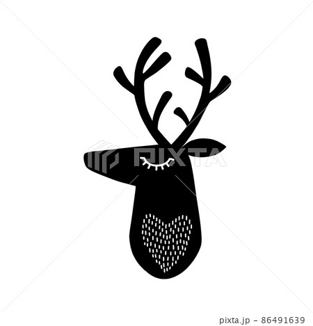 Deer head silhouette. Stylized drawing reindeer in simple scandi style. Nursery scandinavian art. Black and white vector illustration Deer head silhouette. Stylized drawing reindeer in simple scandi style. Nursery scandinavian art. Black and white vector illustration 86491639