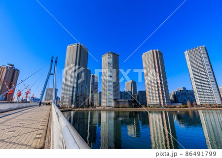 東京都　江東区東雲の都市風景　辰巳桜橋とタワーマンション群 86491799