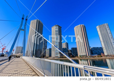 東京都　江東区東雲の都市風景　辰巳桜橋とタワーマンション群 86491801