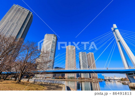東京都　江東区東雲の都市風景　辰巳桜橋とタワーマンション群 86491813