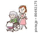 車椅子に乗った高齢者と介護士の女性 86492175