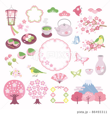 桜と春のお花見イラスト素材セット／文字なし 86493311