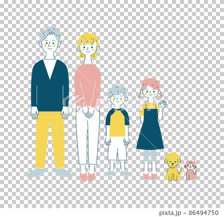 Light color simple illustration of a family of four and a pet 86494750
