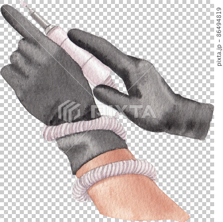Nail salon supplies. Hand cream, polish samples, scissors, nails care elements watercolor. Equipment for hand and foot care and treatment Nail salon supplies. Hand cream, polish samples, scissors, nails care elements watercolor. Equipment for hand and foot care and treatment 86494819