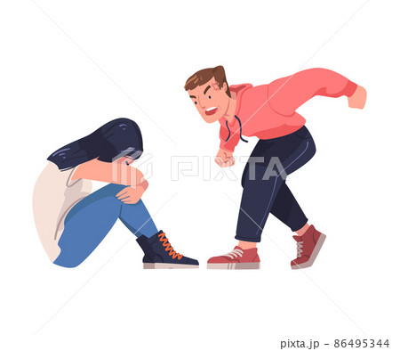 Aggressor and Victim with Violent Man Abusing Weak Woman Vector Illustration 86495344