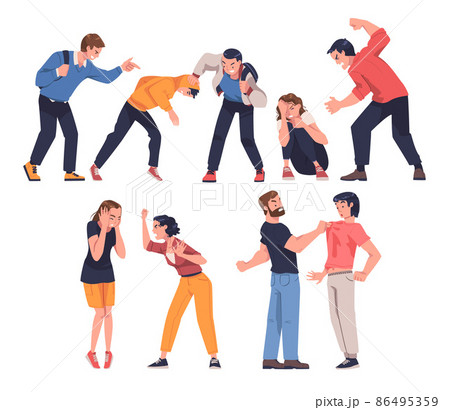 Aggressor and Victim with Violent Man Shouting and Abusing Weak Woman Vector Set 86495359