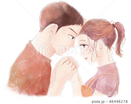 手を取り合って向かい合う男女カップル/目開け 86496278