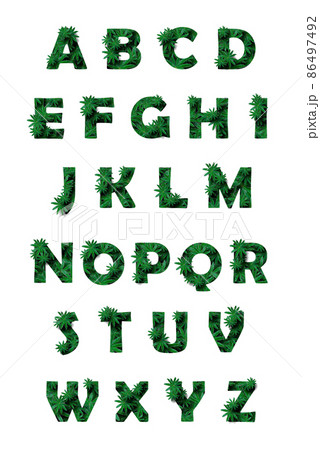 The English alphabet is complete, 26 letters highlighted on a white background. Stylized as a collage of a photo of a lupin flower leaf. Concept: graphic design, decorated font. 86497492
