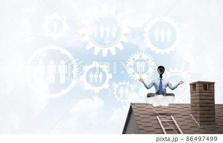 Concept of security and privacy protection with camera headed man meditating Concept of security and privacy protection with camera headed man meditating 86497499