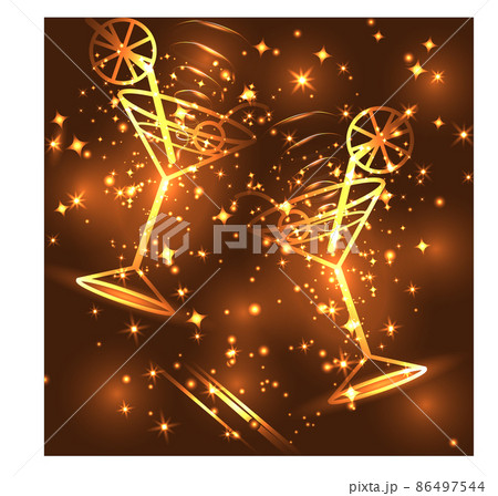 Golden outline of glasses with a cocktail on a pink background with stars and lights, disco, club, neon glow 86497544