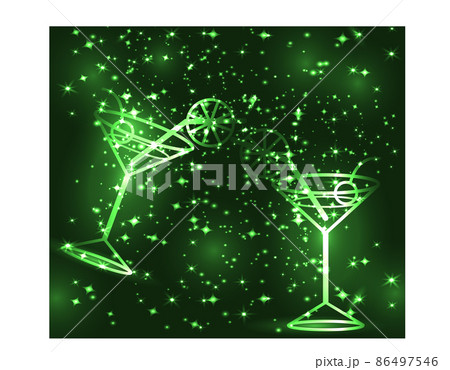 Golden outline of glasses with a cocktail on a green background with stars and lights, disco, club, neon glow 86497546