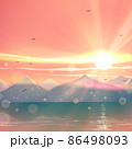 Japanese sunset landscape with beautiful mountains and blue lake or sea water with sunlight, water reflections, waves, birds in vector. Romantic nature illustration art. 86498093