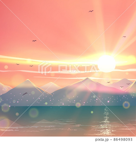 Japanese sunset landscape with beautiful mountains and blue lake or sea water with sunlight, water reflections, waves, birds in vector. Romantic nature illustration art. 86498093