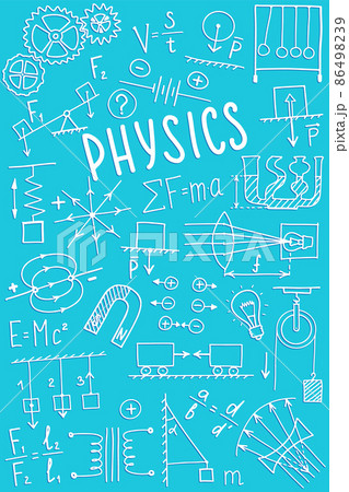 Phisics symbols icon set. Science subject doodle design. Education and study concept. Back to school sketchy background for notebook, not pad, sketchbook. 86498239