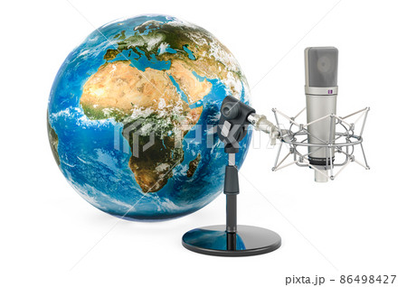 Studio microphone with Earth Globe. 3D rendering 86498427