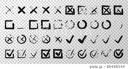Checkbox. Check signs V X. Chalk and brush checkmarks set. Vector set 86498544
