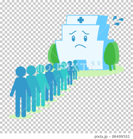 困る病院と診察待ちの行列のイラスト 困る病院と診察待ちの行列のイラスト 86499581