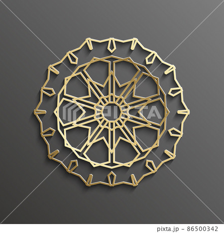 Islamic 3d gold on dark mandala round ornament background architectural muslim texture design . Can be used for brochures invitations,persian motif 86500342