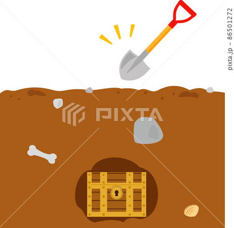 土の中に埋まった宝箱とスコップ 86501272