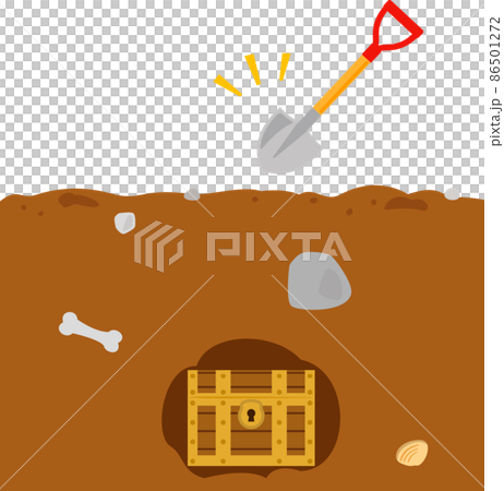 土の中に埋まった宝箱とスコップ 86501272