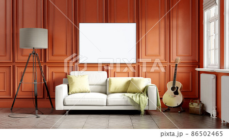 Modern interior of a room with an empty painting. Sofa and large window, wooden floor and wall. Clean lines of interior design. 3D rendering Modern interior of a room with an empty painting. Sofa and large window, wooden floor and wall. Clean lines of interior design. 3D rendering 86502465