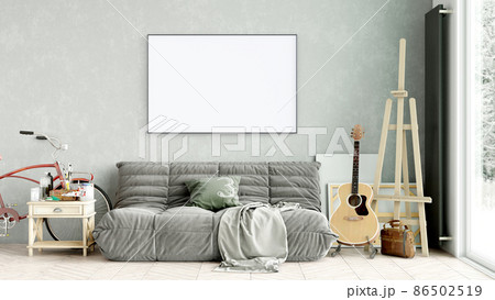 Modern interior of a room with an empty painting. Sofa and large window, wooden floor and wall. Clean lines of interior design. 3D rendering Modern interior of a room with an empty painting. Sofa and large window, wooden floor and wall. Clean lines of interior design. 3D rendering 86502519